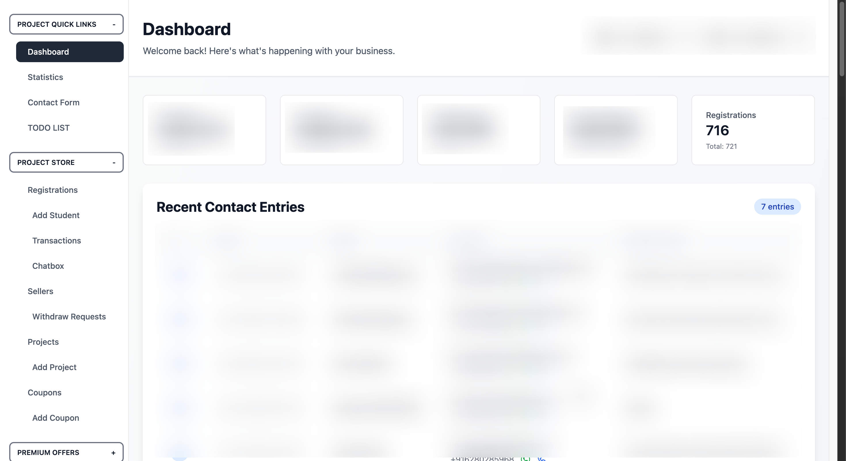 Project Mart admin dashboard showing 716 active registrations out of 721 total